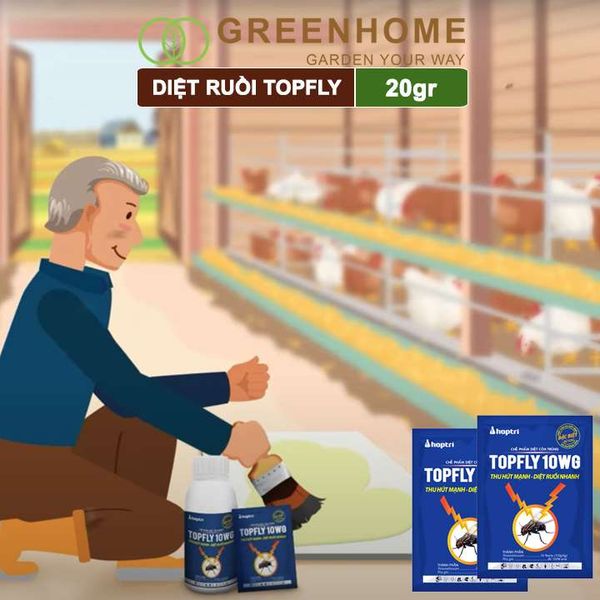 Thuốc diệt ruồi Topfly 10wg Greenhome, gói 20gr, thu hút manh, diệt ruồi nhanh, hiệu quả, an toàn, tiết kiệm