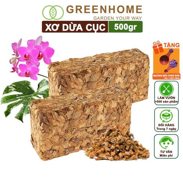 Xơ dừa cục Greenhome, viên 500gr, sơ dừa nén, nở gấp 5 lần, kích thích rễ, thoát nước tốt giá thể kiểng lá, phong lan