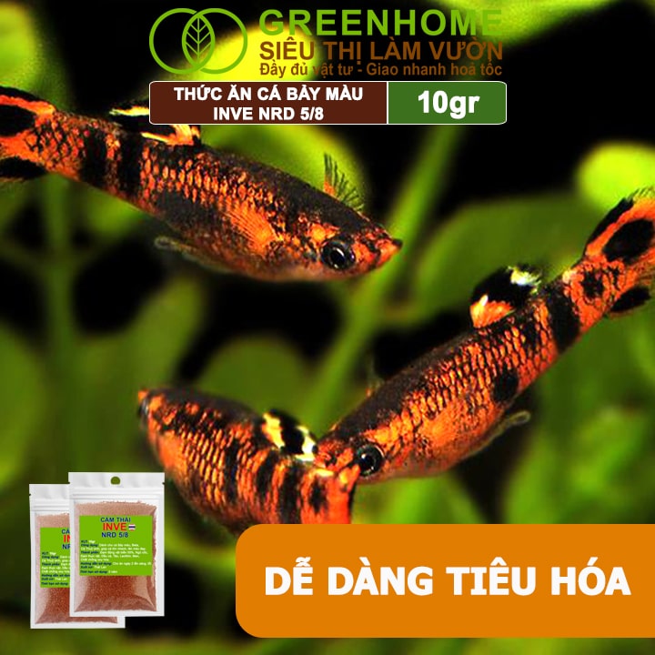 Thức Ăn Cho Cá Bảy Màu, Guppy Greenhome, INVE NRD 5/8, Gói 10gr, Thức Ăn Cao Cấp, Kích Thích Lên Màu