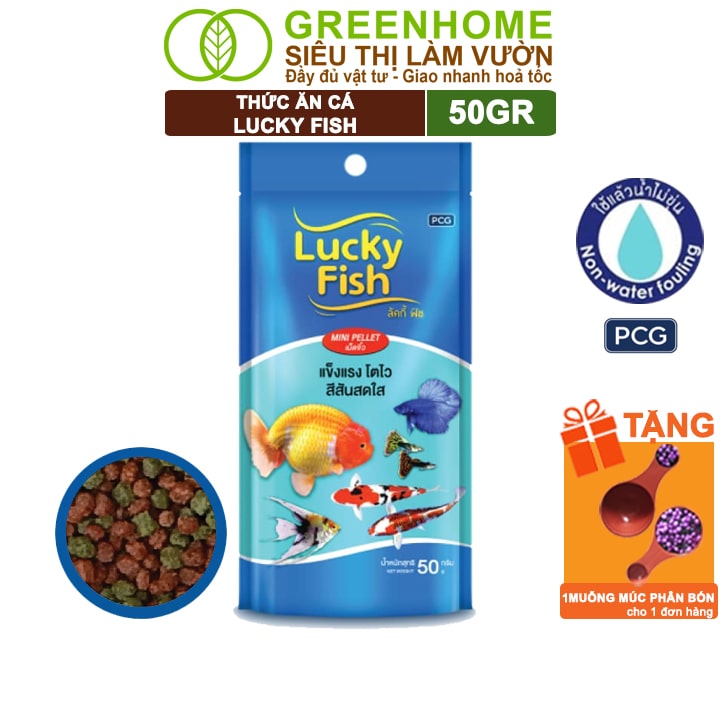 Thức Ăn Cho Cá Lucky Fish Greenhome, Gói 50gr, Phù Hợp Cho Mọi Loài Cá Cảnh