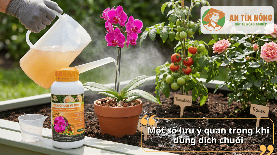 Một số lưu ý quan trọng khi sử dụng dịch chuối vi sinh cho hoa lan, rau màu và cây cảnh.