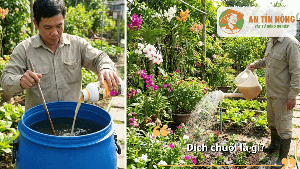 Người làm vườn pha dịch chuối vi sinh để tưới rau, hoa lan và cây cảnh trong khu vườn xanh.