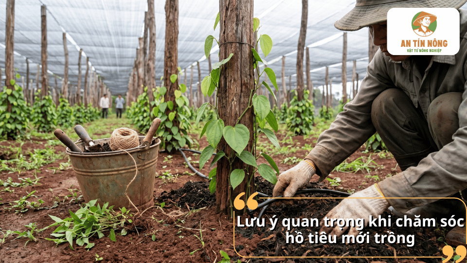 Những lưu ý quan trọng khi chăm sóc hồ tiêu mới trồng cho tỷ lệ sống cao.