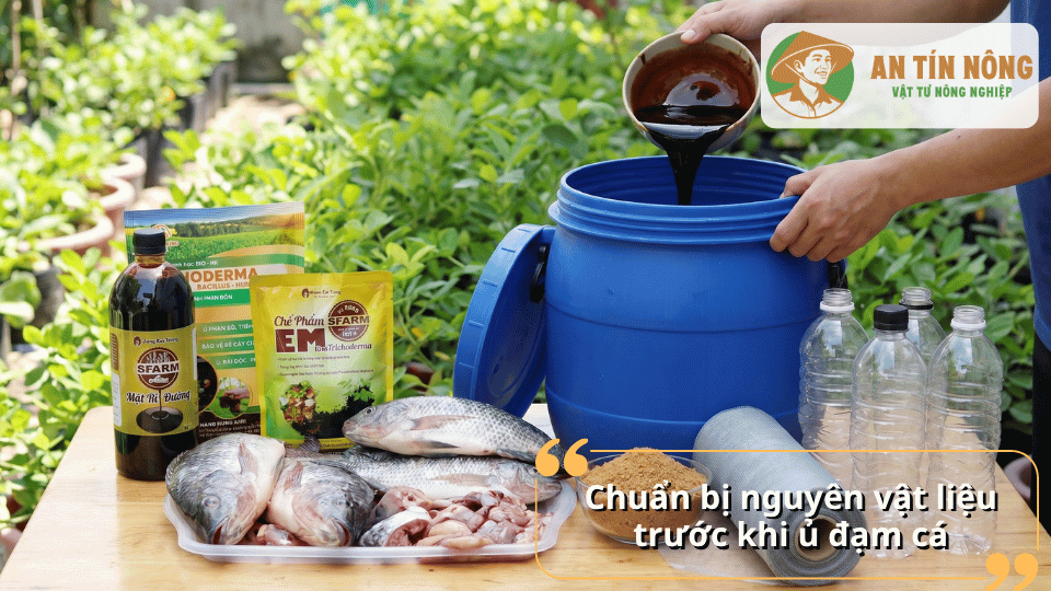 Chuẩn bị nguyên vật liệu trước khi ủ đạm cá bằng chế phẩm sinh học và nguyên liệu hữu cơ.