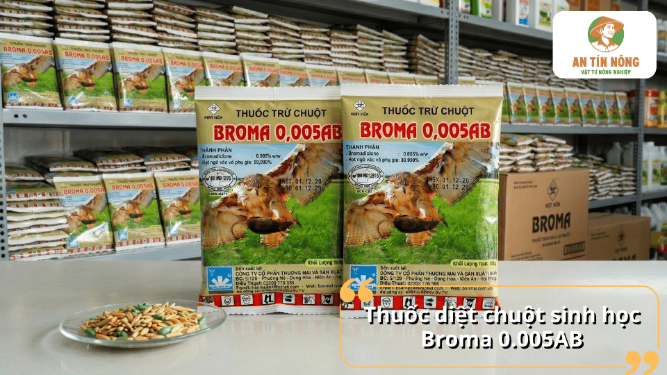 Thuốc diệt chuột Broma 0.005AB dạng mồi diệt chuột hiệu quả, giúp kiểm soát chuột gây hại tại nhà ở, kho hàng và nông trại.