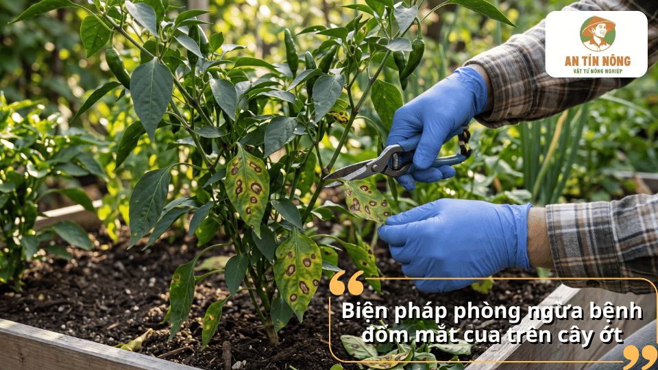 Biện pháp phòng ngừa bệnh đốm mắt cua trên cây ớt bằng cách cắt tỉa lá bệnh và chăm sóc đúng kỹ thuật.