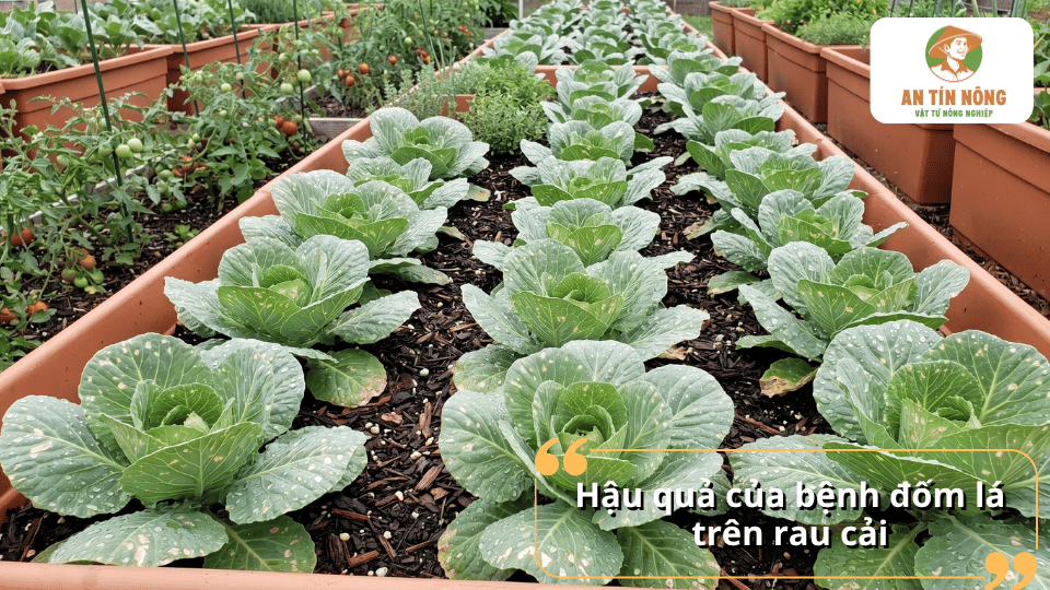 Hậu quả của bệnh đốm lá trên rau cải làm giảm năng suất và chất lượng nông sản.