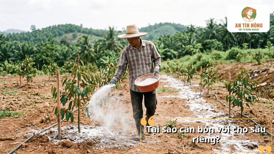 Bón vôi cho sầu riêng giúp cải thiện đất trồng, bổ sung canxi và hỗ trợ môi trường đất phù hợp cho cây phát triển.