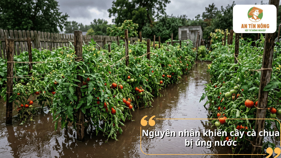 Vườn cà chua bị ngập nước sau mưa, nhiều cây héo rũ và phần đất xung quanh chứa nhiều nước