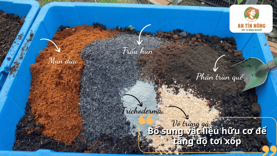Bổ sung các vật liệu hữu cơ như mụn dừa, trấu hun và phân trùn quế giúp tăng độ tơi xốp cho đất.