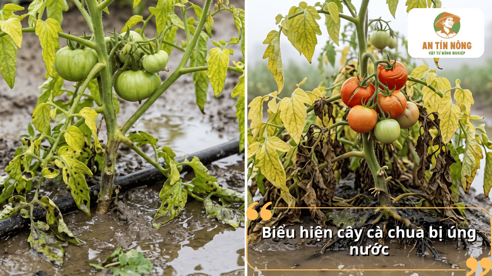 Cận cảnh cây cà chua bị úng nước với lá vàng, lá khô héo và phần gốc ngập trong bùn nước