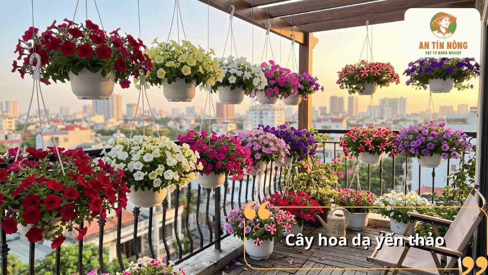 Cây hoa dạ yến thảo nhiều màu được trồng trong chậu treo, tạo điểm nhấn rực rỡ cho ban công.
