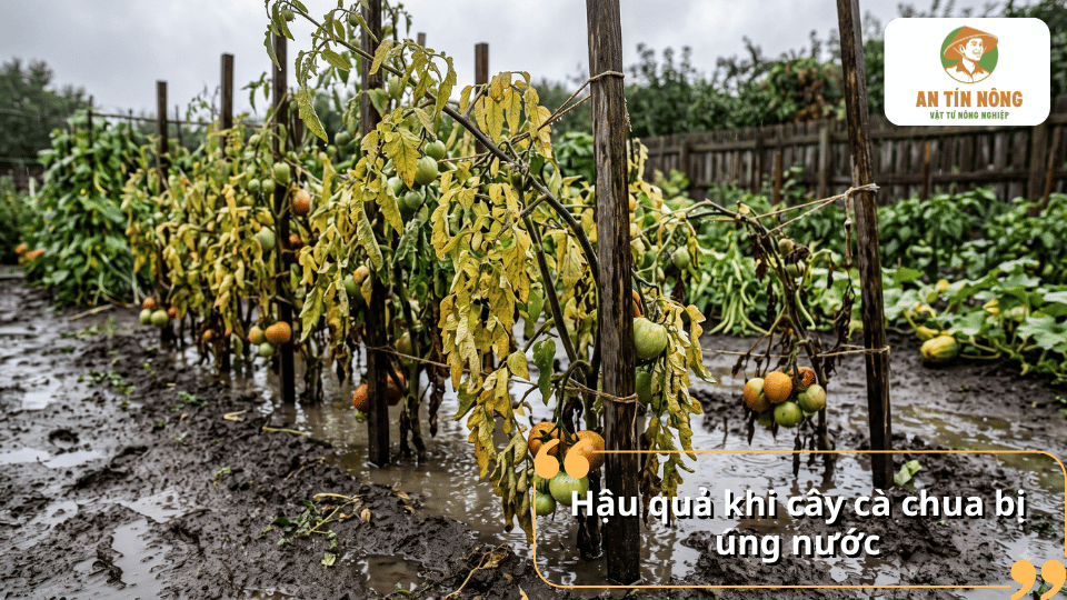 Cây cà chua trong vườn bị úng nước nghiêm trọng, lá vàng héo và cây suy yếu do đất ngập nước kéo dài