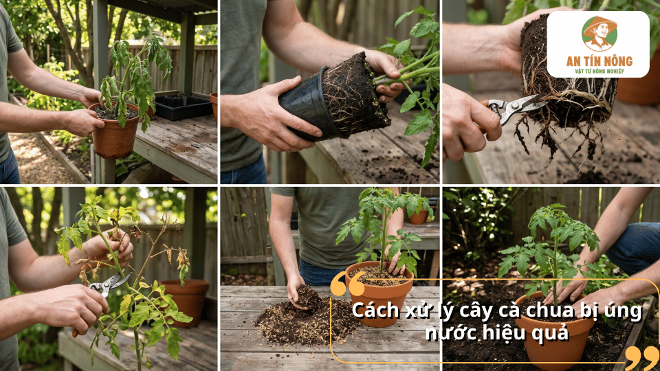 Các bước xử lý cây cà chua bị úng nước gồm cắt bỏ phần hư hại, kiểm tra rễ, thay đất và trồng lại