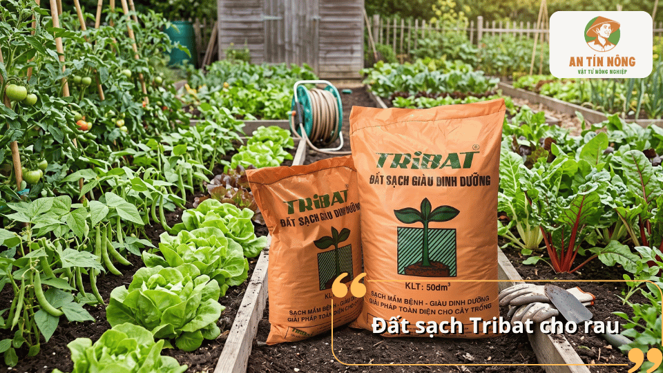 Đất sạch Tribat cho rau, hỗ trợ cung cấp dinh dưỡng cho cây phát triển.