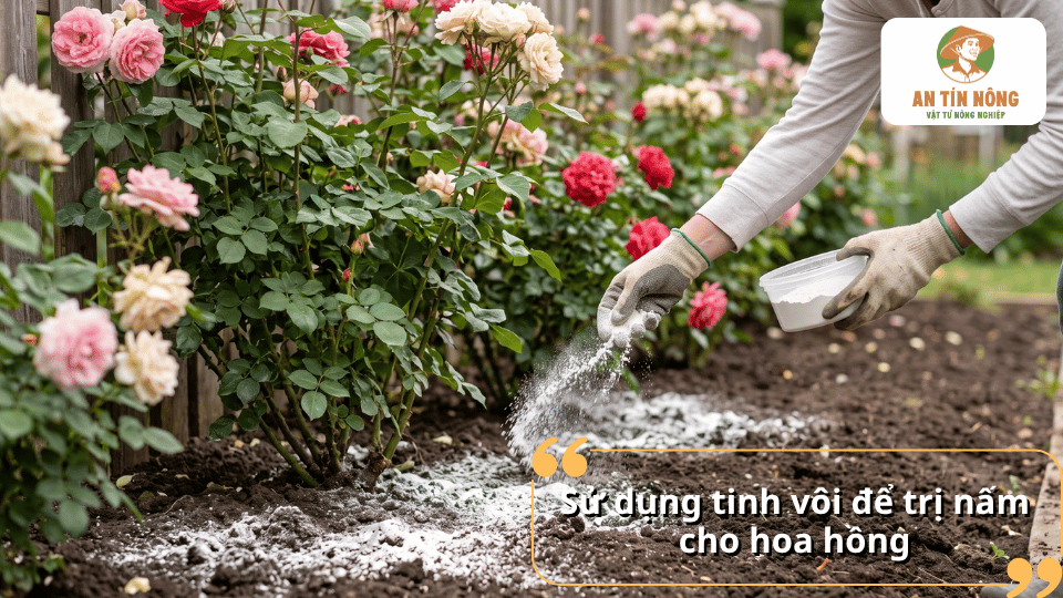 Sử dụng tinh vôi để trị nấm cho hoa hồng bằng cách rải vôi quanh gốc cây