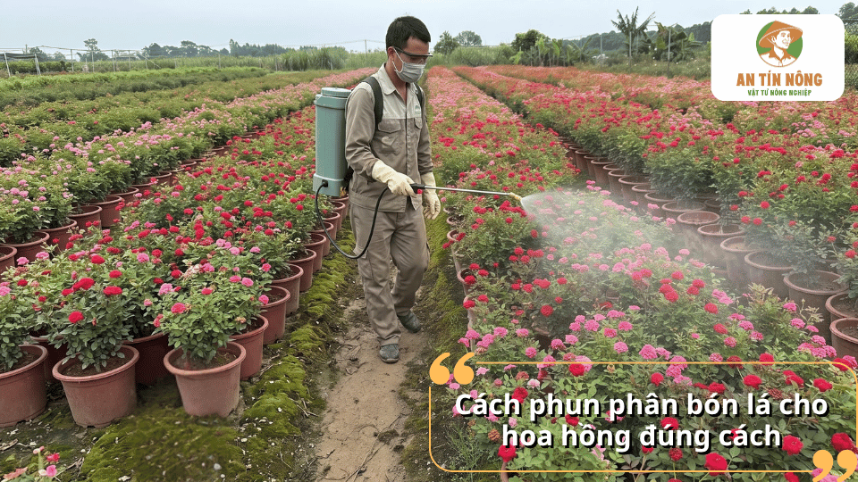 Cách phun phân bón lá cho hoa hồng đúng cách bằng bình phun, giúp dung dịch phân được phân bố đều trên cây.
